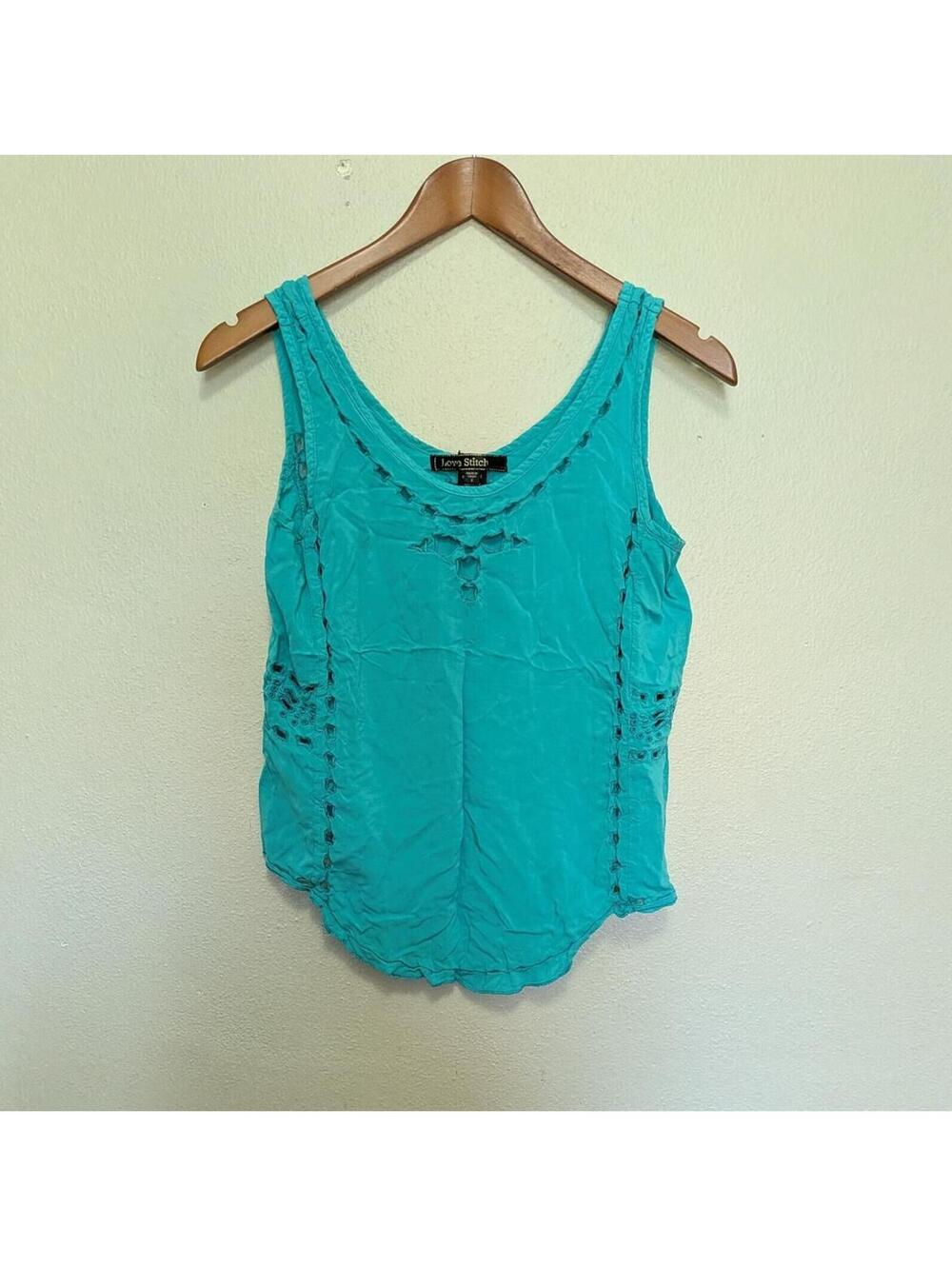 Vintage Love Stitch Teal Cutwork Eyelet Tank Top Size Small